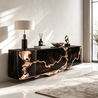 Koyu Mermer Desenli Fiberglas Çerçeveli Konsol, Lüks Çağdaş Yemek Alanları İçin Eritilmiş Bronz Akışkan Detaylar