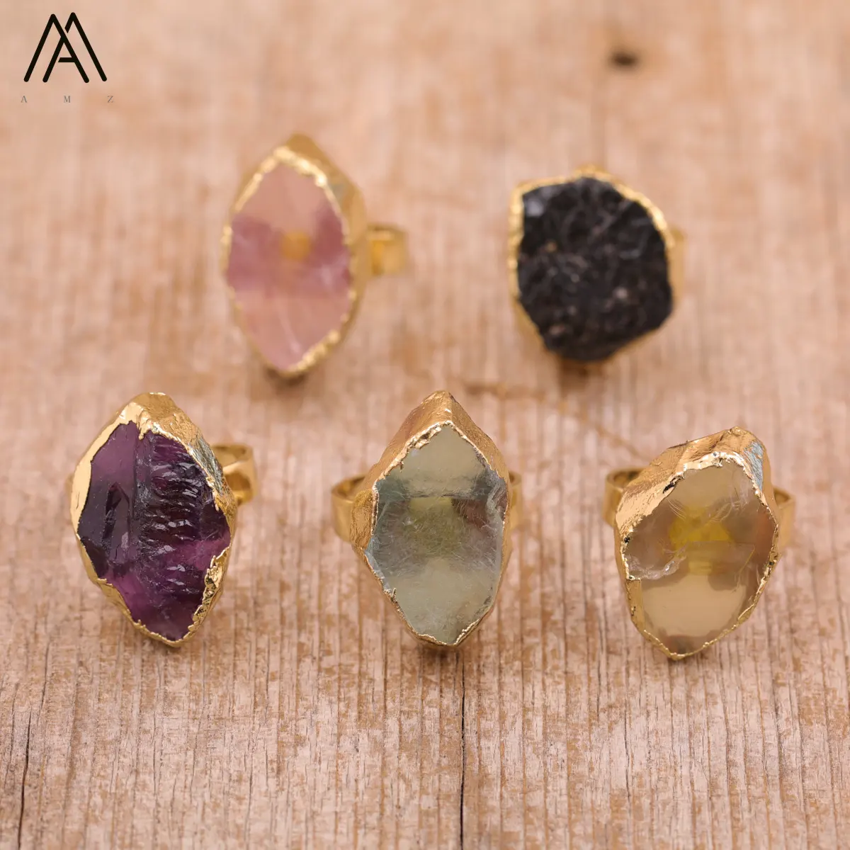 Anillo de oro de amatista y Gema Natural para mujer, sortija con piedras preciosas naturales, fluorita, turmalina, amatista