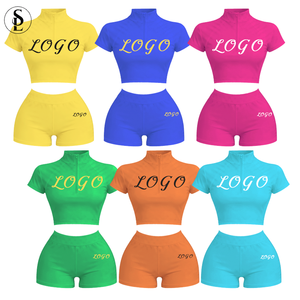Conjunto Deportivo de 2 Piezas para Mujer, Top Corto y Pantalones Cortos con Cierre de Media Cremallera, Color Caramelo, con Logotipo Personalizado, Estilo Deportivo de Verano, Transpirable - Product Image 1