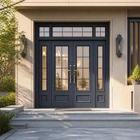 Porte d'entrée moderne en acier et verre à 4 panneaux avec transom, porte extérieure de sécurité double avec panneaux latéraux