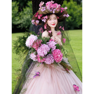Mori Girl Style Strapless Pink Tulle Wedding Dress Ball Gown Natural Waistline Butterfly Embroidery Photo Shoot Attire - Product Image 5