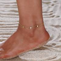 Chaîne de cheville double couche avec breloque étoile, couleur or, minimaliste, pour l'été et les vacances à la plage, bijoux de mode pour femme, vente en gros