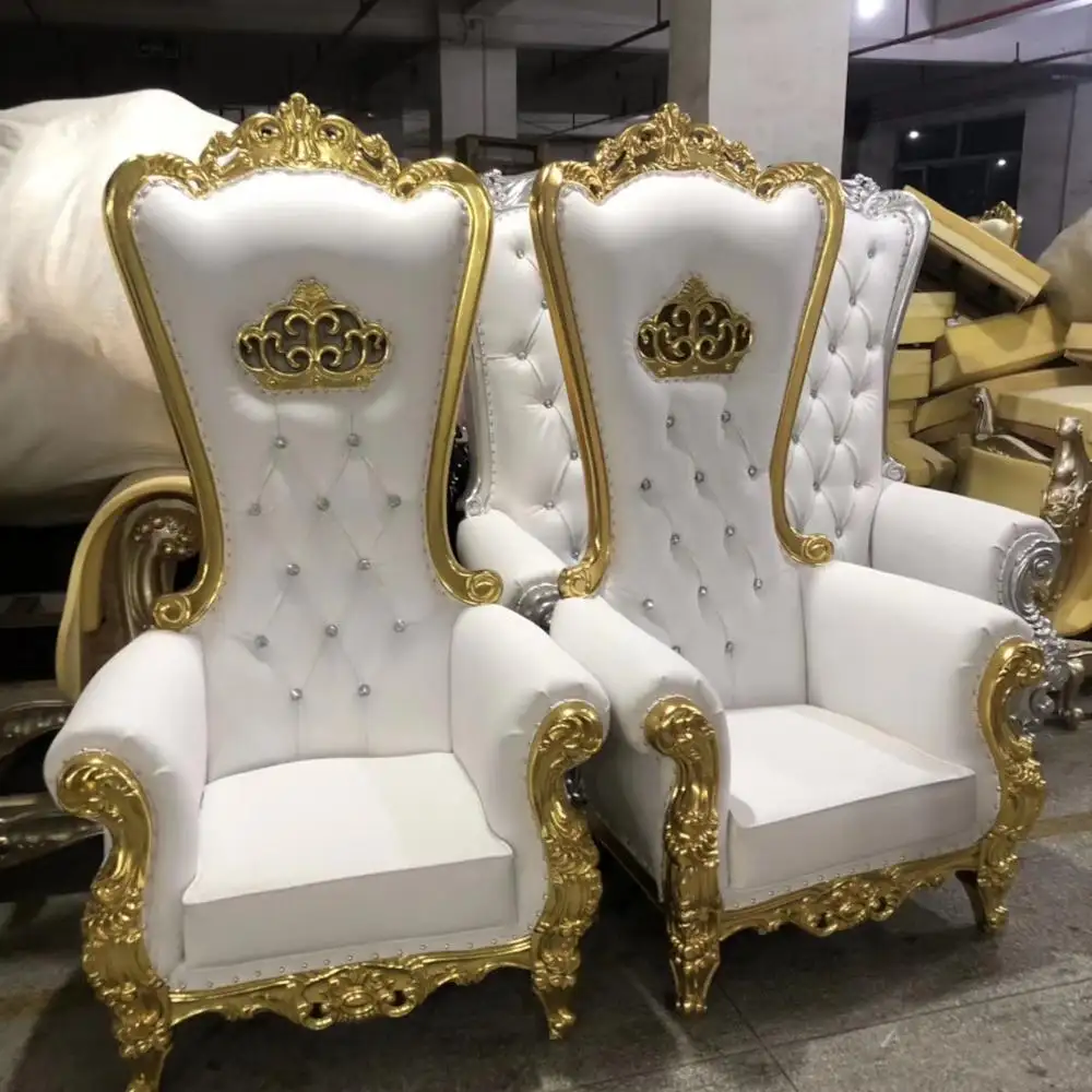 Chaise en bois à dossier haut en or, cuir PU blanc, populaire, luxueuse pour mariage royal, location de fête, livraison gratuite