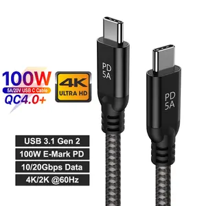 Cabo usb 3.1 trama de 1 metro, cabo de nylon preto trançado usb c para c, carga rápida, 5a 10gb gen 2, para laptop