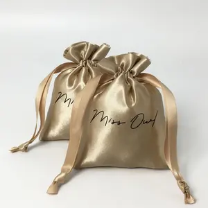 Custom logo printed satin gift bags for clothes golden dust pouch for packaging logo custom