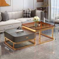 Ensemble de tables basses gigognes de luxe pour salon moderne avec plateau en verre et tiroir de rangement, hauteur réglable, structure métallique pliable