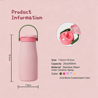 Bouteille d'eau en acier inoxydable de 600 ml (20 oz) avec couvercle à paille et revêtement intérieur en céramique, double paroi isolée sous vide, anti-fuite