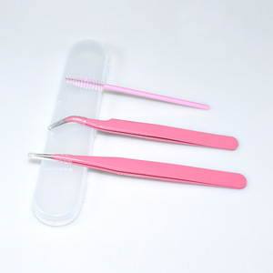 Eyelash Extension Tweezers Set Pink Straight And Curved With Brush Reusable For Professional Use - Product Image 3