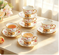 Tasse à fleurs en céramique créative avec tasse à thé, tasse à eau, cadre doré de luxe, ensemble tasse à café et plateau à thé