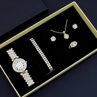 Montre de luxe en diamant pour femmes, ensemble de bijoux 5 pièces, bracelet en alliage, collier, boucles d'oreilles, bague, cadeau pour femmes