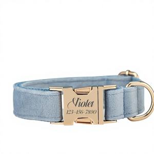 Collier et laisse pour chien personnalisés avec nom gravé, boucle en métal, bleu poussière, avec clochette et nœud, livraison gratuite - Product Image 1