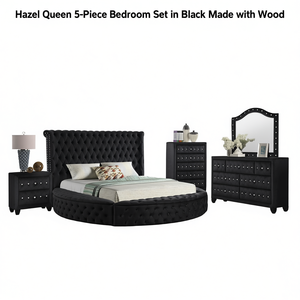 Set Camera da Letto Hazel Queen, Letto Matrimoniale Nero Trapuntato, Mobili in Legno - Product Image 1