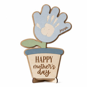 Panneau en bois Joyeuse Fête des Mères avec empreinte de main d'enfant et motif floral, artisanat fait main pour la décoration de table à la maison - Product Image 5