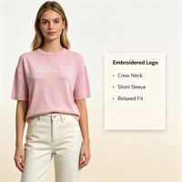 Pull décontracté brodé de haute qualité pour femme, col rond, manches courtes, couleur blanche, personnalisable OEM & ODM, vente en gros