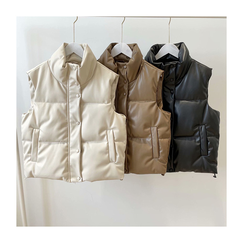3260 Winter Fall Stylish Sleeveless Leather Coat Solid Color Leather Down Jacket Vest Women