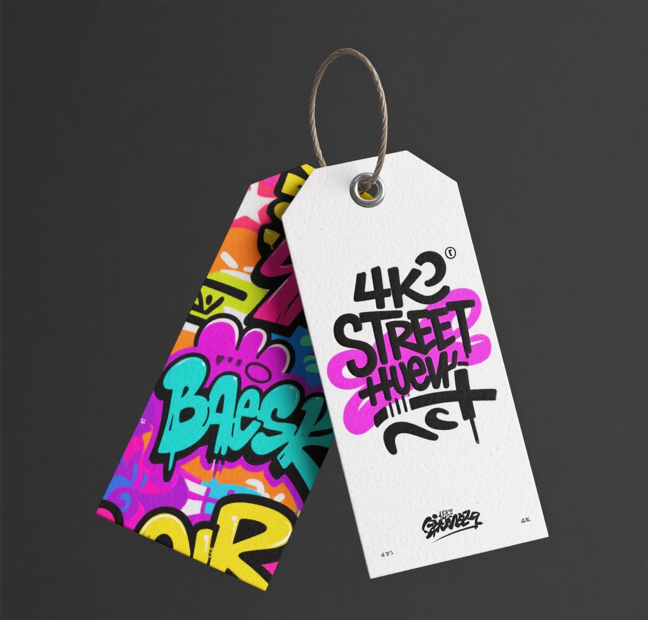 Custom Street Graffiti Hang Tag Rich Color Artistic Eyelet Design Hot Stamping Paper Label for Clothing Shoes Bags Accessories