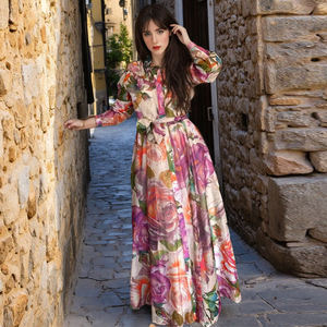 Vestido de Fiesta Siciliano AELESEEN para Mujer, Primavera Verano, Manga Larga, Encaje con Cuentas, Cuello Camisero, Cintura Natural, Estampado Floral, Corte en A - Product Image 1