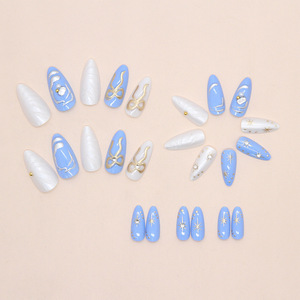Lot de 24 faux ongles 3D à presser, en ABS, forme amande, bleu et blanc, imprimés, couvrance totale - Product Image 3