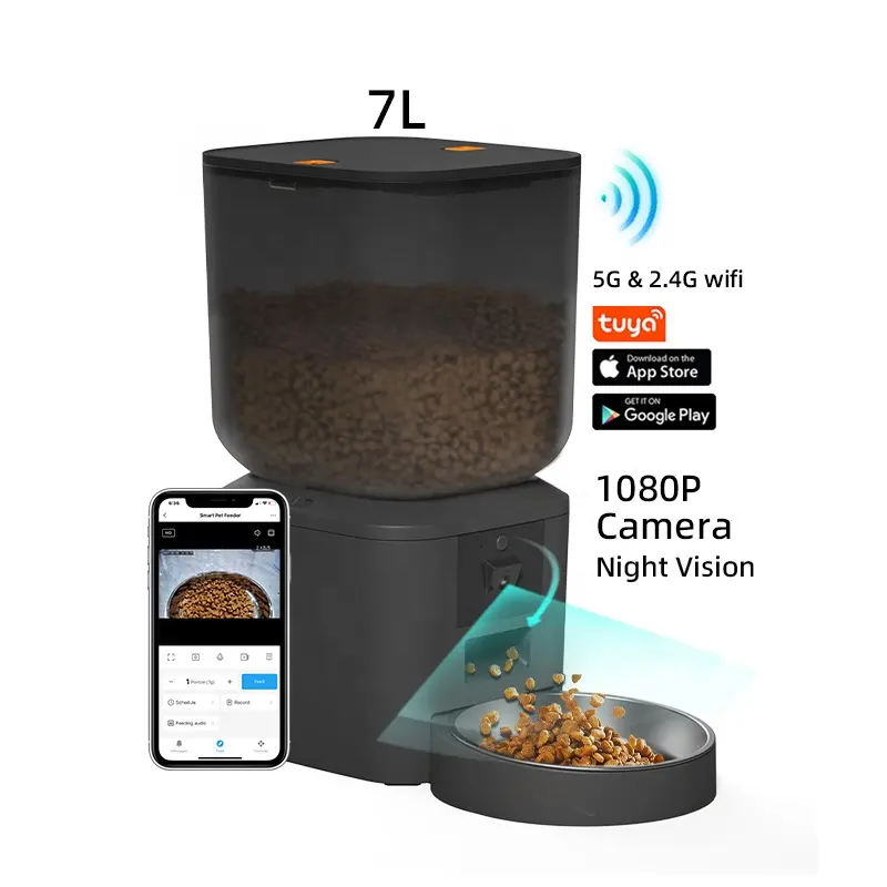 7l Tuya App 5G Wifi Huisdiervoeder Camera 1080P Hd Dubbele Kom Hondenvoer Dispenser Automatische Slimme Huisdiervoeder 7l Met Camera 2K