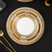 Vente en gros de plats de luxe pour hôtels et restaurants, assiettes élégantes en céramique blanches et à bordure dorée, ensemble d'assiettes en porcelaine pour dîner, salade et dessert