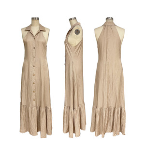 Abito lungo da donna estivo casual, tinta unita, senza maniche, con collo all'americana, monopetto, orlo arricciato, fluido e ampio, con arricciature, Sehe Fashion - Product Image 3