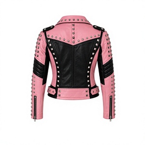 CAEFJHH Blouson Bomber Rose Vintage en Peau de Mouton Respirant pour Femme, Manches Longues, Décoration Rivets, Fermeture Éclair, Col Étendu, Automne - Product Image 3