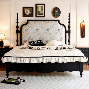Cama de Madera Maciza Estilo Campestre Francés con Cuatro Postes, Tapicería Floral, Camas King Size Personalizadas - Product Image 1