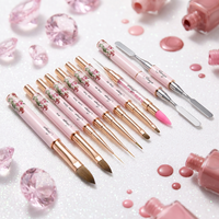 Stylo à points en nylon Penoval avec manche rose à motif pivoine et spatule, outil de pointillage, pinceau gel, ensemble de pinceaux à ongles à virole sertie