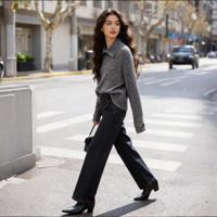 Ensemble 2 pièces gris bleu uni pour femme, pull en laine doux et extensible, jean à jambes larges, tenue décontractée vintage pour tous les jours