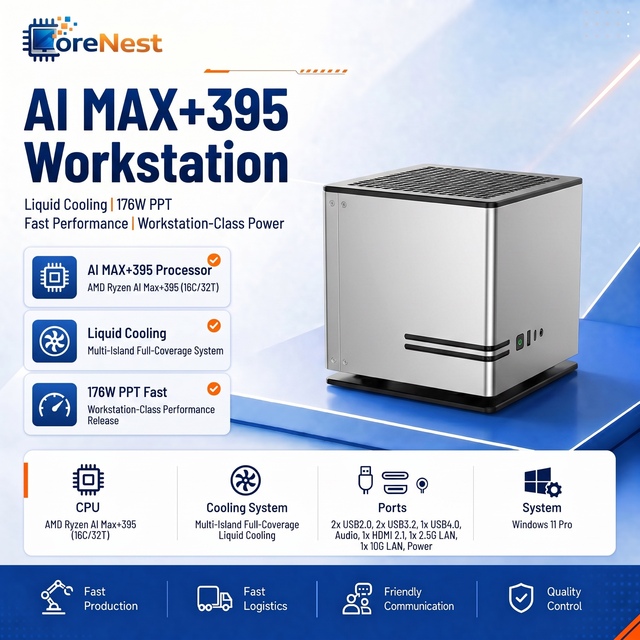 CoreNest AI 395 Max Mini PC 16 Core 32 Thread 128GB RAM 2TB SSD 176W Liquid Cooled Local LLM Inference AI Workstation