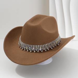Chapeaux de cowboy élégants à rayures européennes et américaines pour hommes et femmes, avec des glands uniques de style <span class=keywords><strong>jazz</strong></span>, des pierres précieuses et des accessoires en strass, pour l'hiver - Product Image 4