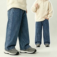 Pantalon en jean droit pour enfants en coton, style workwear, avec patchwork et empiècements, délavage enzymatique, fermeture bouton et zip, taille mi-haute, hiver