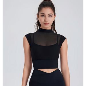 Women's Mesh <b>Mock</b> <b>Neck</b> 2 in 1 Yoga <b>Top</b> Built-in Bra Crop <b>Top</b> High Stretch Workout Activewear Breathable Pilates Shirt OEM ODM - Product Image 1