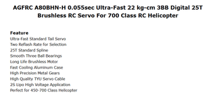 AGFRC A80BHN-H 0.055s Ultra-Rápido 22 Kg-cm 3BB Digital 25T Brushless RC para Helicóptero RC Clase 700 - Product Image 6