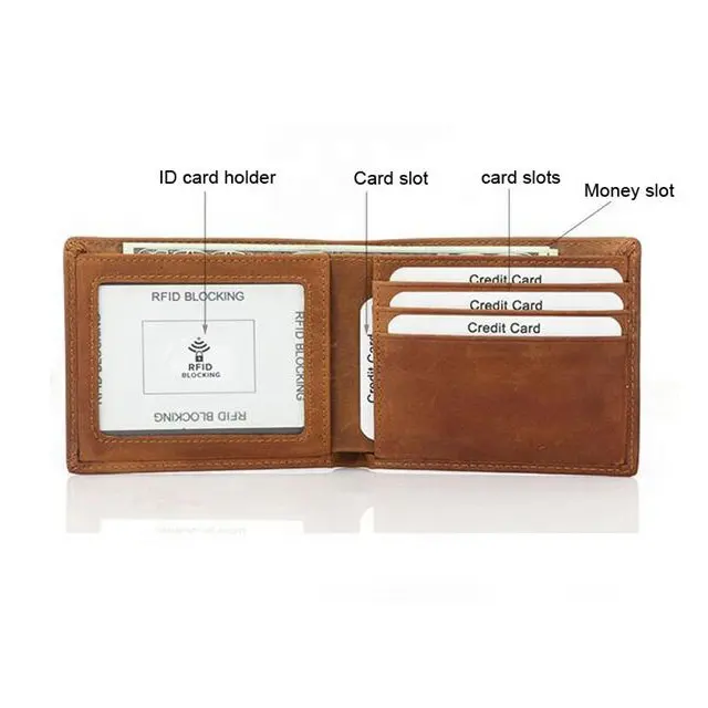 Custom Engraved Logo Genuine cowhide leather RFID Bifold chocolate Men Wallet Durable Crazy Horse Leather Wallet For Men