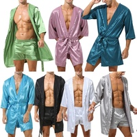 Bata de Dormir Abierta con Capucha para Hombre, Conjunto de Pijama de Seda Satinada, Kimono con Cinturón, Manga Corta, Ropa de Dormir