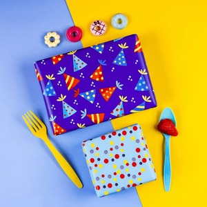 Custom Eco-Friendly Birthday Theme Gift Wrap <b>Paper</b> Roll Blue <b>Red</b> Balloons Party Hats Double Sided Coated Art <b>Paper</b> 100GSM - Product Image 3