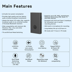 Mini transmetteur-récepteur audio <span class=keywords><strong>Bluetooth</strong></span> 5.4 LE, adaptateur sans fil LC3 LC3+ à faible latence de 50 ms pour TV <span class=keywords><strong>PC</strong></span> - Product Image 4