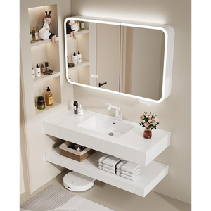 Modern Minimalist Style High-end White Series Integrated <strong>Stone</strong> Basin Single Bathroom Vanity with extra Large Smart Mirror - Product Image 2