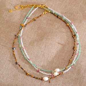 Collar de <span class=keywords><strong>Cadena</strong></span> con Cuentas Hechas a Mano de Acero Inoxidable de Moda de Verano XY 128 para Mujer, con Perla Natural y Piedra Aventurina Verde Tigre - Product Image 3