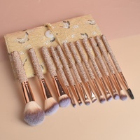 Ensemble de 12 pinceaux de maquillage de luxe à manche en bois avec strass pour fard à paupières, poudre libre, éclaircissement et contouring - Idéal pour les débutants