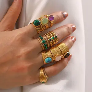 Set cincin batu permata tidak beraturan Retro Perancis, perhiasan cincin terbuka baja tahan karat warna zamrud Amethyst pirus Malachite