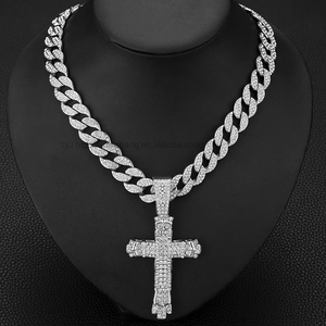 New Unisex Hip Hop <b>Cross</b> Pendant Necklace European American Personality With Full Rhinestone Pearl Link <b>Chain</b> Trendy Style Gift - Product Image 3