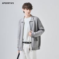 Cardigan tricoté polyvalent pour homme APO en acrylique/polyester/nylon à manches longues, coupe ample, col rabattu, fermeture éclair, idéal pour l'automne