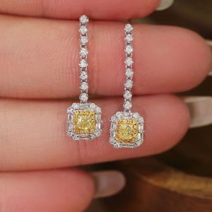 Xinfly 18K White Gold <b>Cushion</b> Cut Dangle Drop Earrings with Fancy Yellow Diamond - Product Image 2