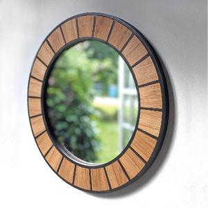 <span class=keywords><strong>Grand</strong></span> <span class=keywords><strong>miroir</strong></span> mural rond fabriqué à la main Décor rustique moderne avec des accents de chêne naturel Design Sunburst en bois pour le salon - Product Image 4