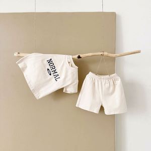 Bộ quần áo trẻ em hè 2024 kiểu dáng năng động, 2 món, dành cho bé trai/bé gái, in chữ, quần sọc, áo cổ tròn tay ngắn + quần sọc 2 - Product Image 5
