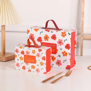 Toptan çift taraflı açık turuncu renk tasarlanmış kağıt somun hediye kutuları deri saplı