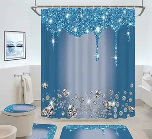 4 Pcs Glitter Diamond Shower Curtain Sets with Rugs Luxury Colorful Bling Modern Bathroom Curtain with 12 Hooks