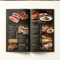 Menu de restaurant de luxe noir et or personnalisé, pliable en deux, pour steaks et fruits de mer, brochure de prix des aliments imprimée en couleur avec photos de bœuf et de homard